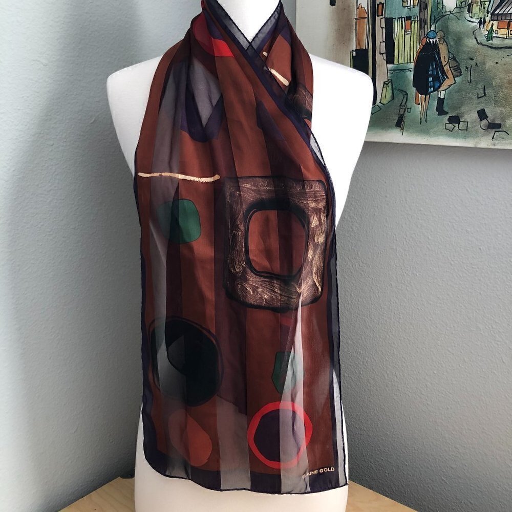 Vintage Elaine Gold Silk Scarf Women's Black Bronze Red Purple 52"